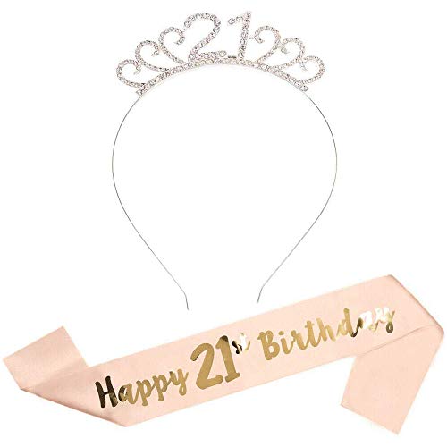 Feliz Cumpleaños 21th, 21th Plata Cristal Tiara Corona de Cumpleaños, Banda de Satén Brillante It’s My 21th Birthday (Es mi Cumpleaños Número 21), Regalo de 21 Cumpleaños