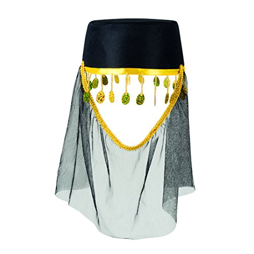 Fez con Pañuelo - Negro | Sombrero Árabe con Velo | Accesorio Disfraz Mil y Una Noches | Adorno de Cabeza Oriental