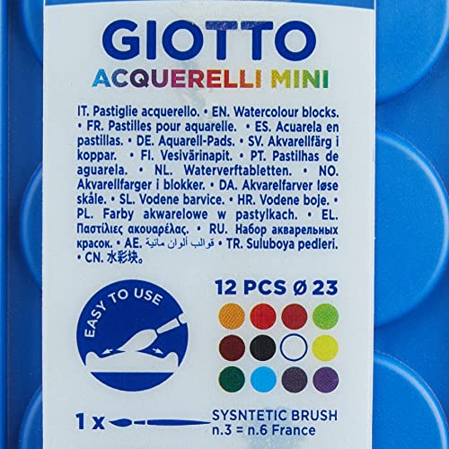 Fila Giotto Acuarelas Mini 23 Mm. Est. 12 Uds. + Pincel, Colores Variados