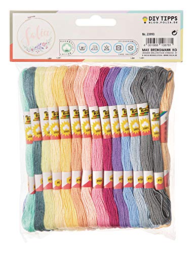 folia 23993 - Hilo de bordar pastel, 100 % algodón, 52 madejas de 8 m en 26 colores surtidos, para bordar, tejer y hacer manualidades