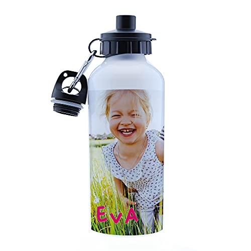 Fotoprix Botella de agua para niños personalizada con foto y nombre. Cantimplora infantil de acero inoxidable. Botellín de aluminio de 500 ml para guarderías