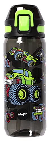 Fringoo - Camiones Monstruo - Botellas de Agua Libres de BPA - Botella de Agua con Pajita Rosa - Botella de Agua Reusable - 600 ml / 20 Oz