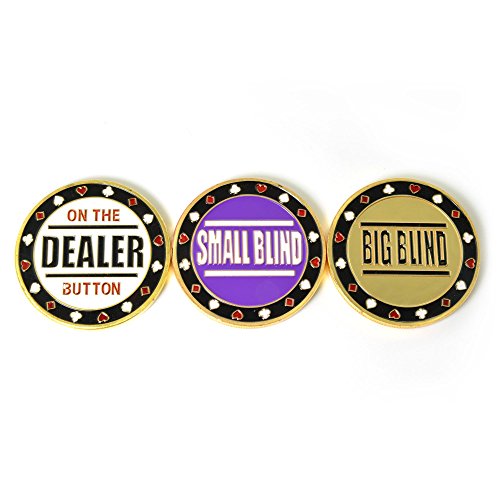 Ganzoo Juego de botones de póquer en estuche (monedas de metal), 1 botón Dealer, 1 ciego pequeño, 1 ciego grande.