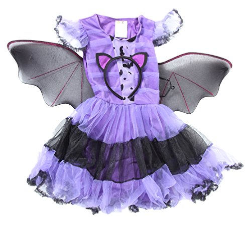GEMVIE Disfraz de Murciélago Bruja para Niños，Disfraz de Vampirina para Halloween Vestido de Fiesta con Ala de Diadema de Murciélago 3-12 años (4-6 años)