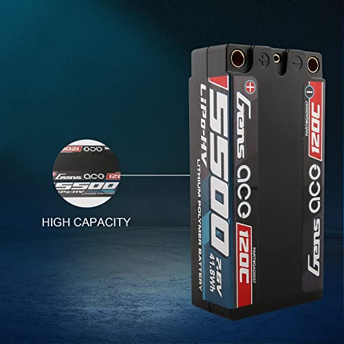 Gens ace Batería Lipo 2S 5500mAh 7.6V Alto Voltaje 120C 2S2P Racing Series Shorty Black Lipo Battery HardCase 65 #
