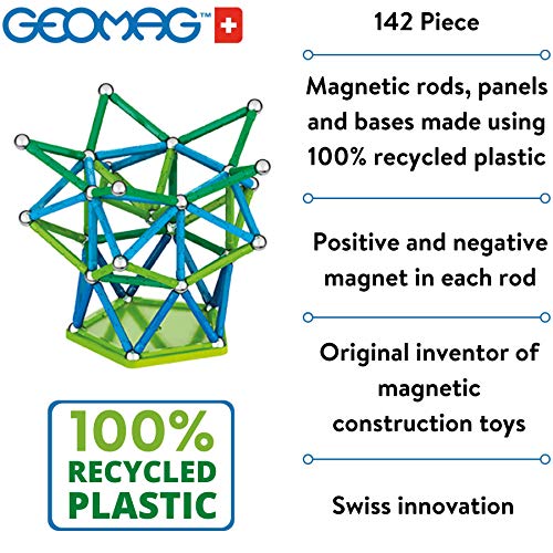 Geomag Color, Juego de Bloques de Construcción Magnéticos para Niños, Juguete Magnético, Colección Verde de Plástico 100% Reciclado, 142 piezas (274)