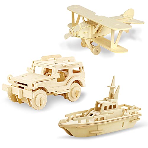 Georgie Porgy Rompecabezas de Madera 3D Puzzle de Modelo Colección de de Animales Juguete de Construcción Kit Kids Jigsaw Toy (3 Piezas) (Biplano Jeep Salvavidas)