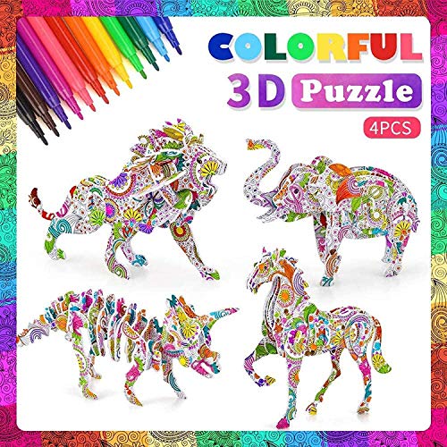 Goorder Puzzle 3D & Juego para Pintar, Rompecabezas para Colorear 3D,Artes de Bricolaje y Manualidades con 4 Animales para Niñas, Regalo de Cumpleaños para Niños Niñas de 6 7 8 9 10 Años