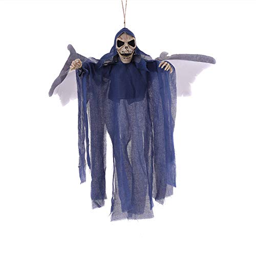 Halloween Sonido Decoracion, Morbuy Luz LED Calavera Tenebrosos Colgantes Zombie Colgante Fantasmas Grito Horror Props Fiesta, con Ilumina los Ojos y Espeluznante Gritar Sonar (58 * 35cm,Azul)