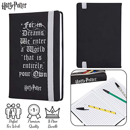 Harry Potter Set Papeleria, Material Escolar para Niñas y Niños, Incluye Estuche Escolar Cuaderno A5 y Set de 6 Boligrafos, Regalos Originales Para Niños Adolescentes