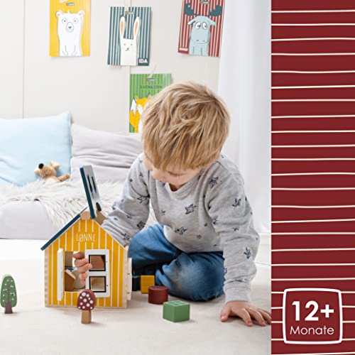 HEJ LØNNE Casa de madera con 12 bloques de construcción – Montessori juguete para promover la motricidad y la coordinación – Casa de ensamblaje a partir de 1 año – Juguete de motricidad