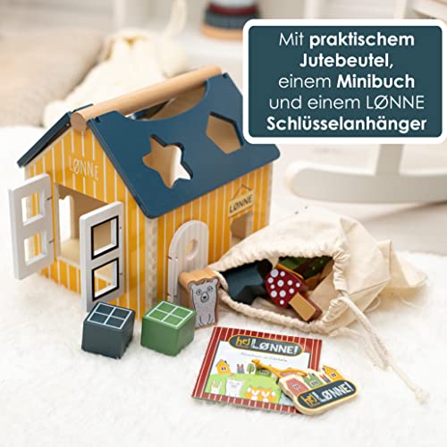 HEJ LØNNE Casa de madera con 12 bloques de construcción – Montessori juguete para promover la motricidad y la coordinación – Casa de ensamblaje a partir de 1 año – Juguete de motricidad