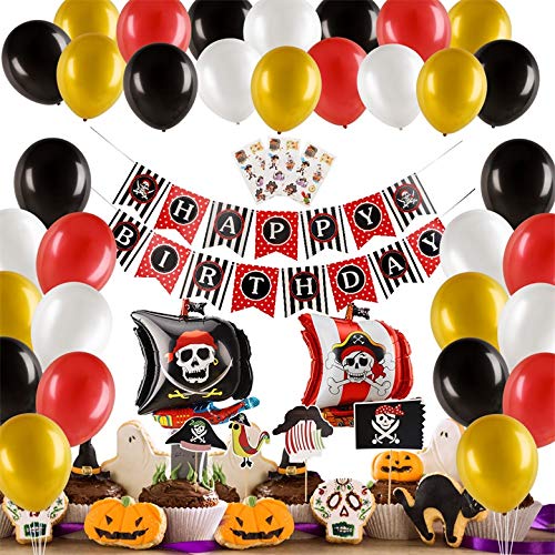 Herefun 50 Piezas Pirata temática Decoraciones Cumpleaños Kit, Pirata Globos Party Fiesta Halloween Decoracion Aluminio Globos Rojos Negros dorado, Cake Topper Banner para niños chico (Negro-A)