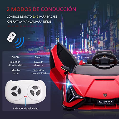 HOMCOM Coche Eléctrico Lamborghini SIAN 12V para Niños de +3 Años con Mando a Distancia Apertura de Puerta Música MP3 USB y Faros 3-8 km/h 108x62x40 cm Rojo