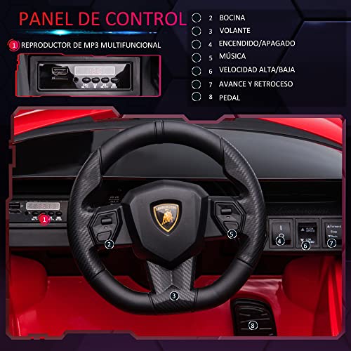 HOMCOM Coche Eléctrico Lamborghini SIAN 12V para Niños de +3 Años con Mando a Distancia Apertura de Puerta Música MP3 USB y Faros 3-8 km/h 108x62x40 cm Rojo