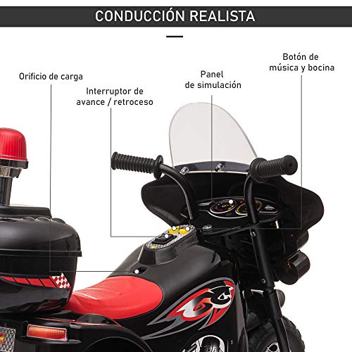 HOMCOM Moto Eléctrica para Niños de 18-36 Meses Motocicleta Infantil con 3 Ruedas y Batería 6V con Música Bocina Faros Baúl 80x35x52 cm Negro