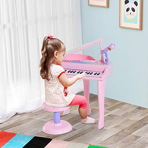 HOMCOM Piano Infantil 37 Teclas Teclado Electrónico Juego de Piano con Micrófono Taburete Luces y 22 Canciones USB/MP3 Karaoke Modo de Enseñanza Rosa