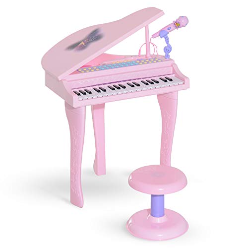 HOMCOM Piano Infantil 37 Teclas Teclado Electrónico Juego de Piano con Micrófono Taburete Luces y 22 Canciones USB/MP3 Karaoke Modo de Enseñanza Rosa