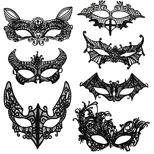 HOWAF 7 Pcs de Máscaras venezianas de Halloween, Elegante máscaras de Renda preta máscaras orelhas Gato máscara de Carnaval Sexy para Mulheres para Halloween Carnaval Festa de dança disfarces Cosplay