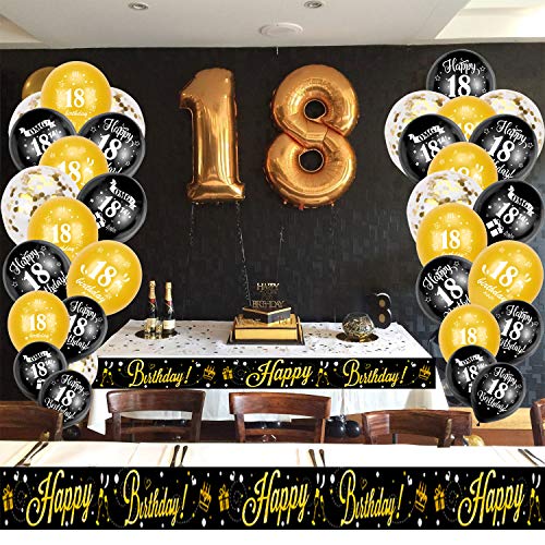 HOWAF Kit de decoración cumpleaños, 2,7 m Pancarta holográfica de Feliz cumpleaños y 18 cumpleaños Globos de Latex para Chica y Chico 18 cumpleaños decoración Fiesta de Suministros, Oro Negro