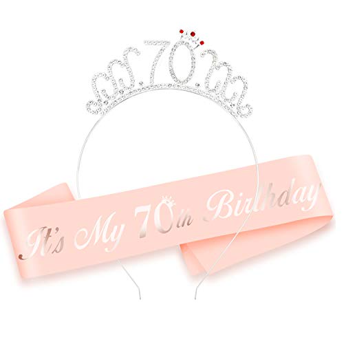 HOWAF Oro Rosa 70 cumpleaños Faja de satén cumpleaños Banda y 70 Diadema Tiara para Mujer 70 Años cumpleaños Fiesta de Decoración Accesorios Regalo Mujer