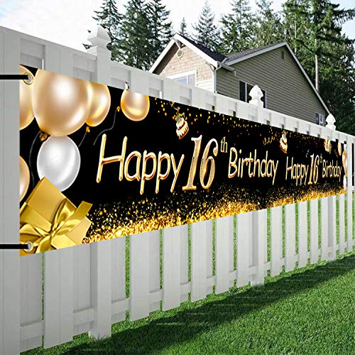 HOWAF Super Large Happy 16th Birthday Banner Banner for 16th Birthday Decoration, 16th Birthday Fabric Photo Booth Backdrop Background Banner for Garden Table Wall Decoration, 9*1.2 Feet