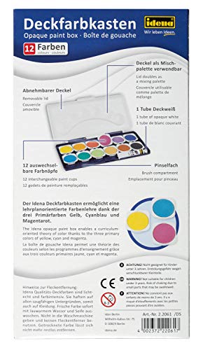 Idena 22061 - Caja de pintura opaca con 12 colores y 1 tubo de blanco opaco, optimo para el jardín de infancia, la escuela y el hogar