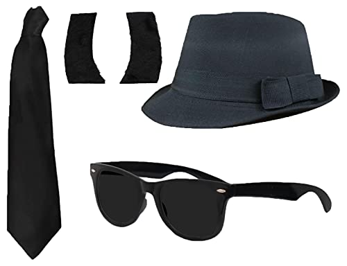 ILOVEFANCYDRESS Accesorios para Disfraz de Banda de música norteamericana, con Sombrero, Gafas de Sol Negras, Patillas Negras y Corbata Negra