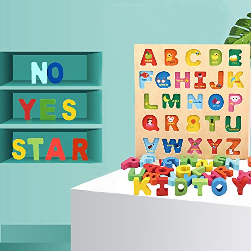 Jacootoys Alfabeto Puzzle de Madera ABC Tablero de Rompecabezas Grueso Aprendizaje Temprano Juguetes Educativos Regalo para Niños