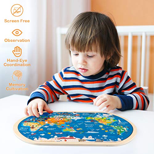 Jacootoys Puzzles de Madera Educación Juguetes Bebes 31 Piezas Rompecabezas del Mapa del Mundo para Niños de 3 a 6 años