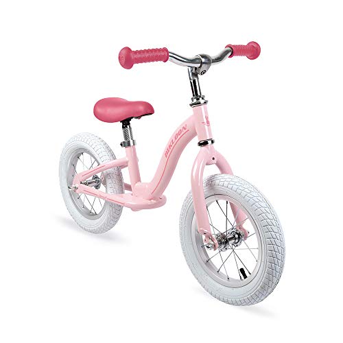 Janod - J03295 - Bicicleta de equilibrio metálica y estilo retro con sillín ajustable y neumáticos inflables, color rosa, bicicleta para aprendizaje de equilibrio, para niños a partir de 3 años