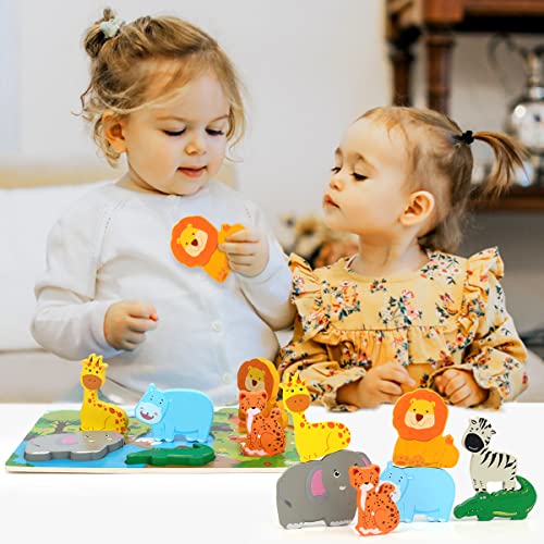 Japace Puzzle de Madera de Animales de Safari, Juguetes Puzzle Niños 1 2 3 Años, Juego de Rompecabezas Educativo Preescolar Montessori para Regalos de Niños y Niñas (7piezas)