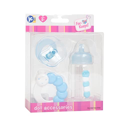 JC Toys JC Toys 3-Piece BLUE Accessory Gift Set includes Bottle, Pacifier, and Rattle Fits Most Dolls - Ages 2+ - Designed by Berenguer Boutique Baby Doll, Blue