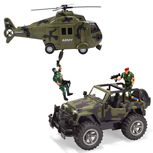 JOYIN Juguetes de Vehículos Militares, Avión de Transporte y Camión Militar con Motor de Fricción y Sirenas de Luz y Sonido, Figuras de Soldados del Ejército para niños