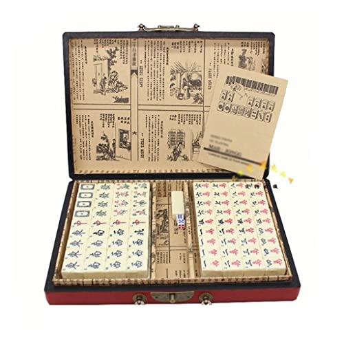 JRZTC Mahjong Juego de Juego de Mahjong Chino Que Incluye 144 mosaicos y descripción en inglés, Caja de Regalo de Mahjong Antiguo, Azulejos de Mahjong de Mano para el Hog