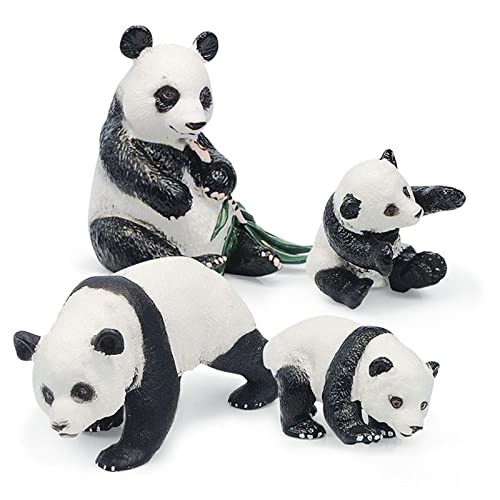 Juego de 4 figuras de oso panda sólidas de juguete de panda con animales realistas, juego familiar de figuras de bambú y panda bebé, juego de familia de panda con jardín de bambú