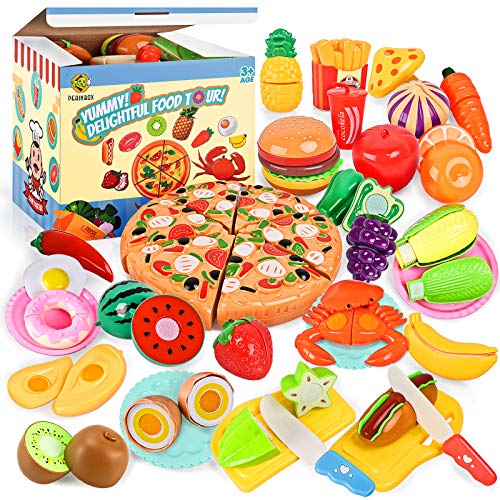 Juego de 70 accesorios de cocina de juguete para niños, para cortar frutas y verduras, juguete, juguetes de plástico para cortar frutas, pizzas, juguetes para niños y niñas de 3 años