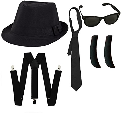 Juego de accesorios para disfraz de fantasía, color negro, 60 cm, con gafas negras y lentes negras y laterales negras, banda ancha de música americana (sombrero de 58 cm)