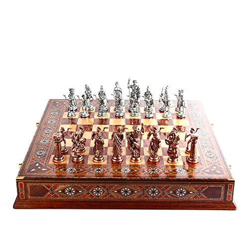 Juego de ajedrez de metal para adultos históricos de cobre antiguo figuras de Roma piezas hechas a mano y tablero de ajedrez de madera maciza natural con perla original alrededor del tablero