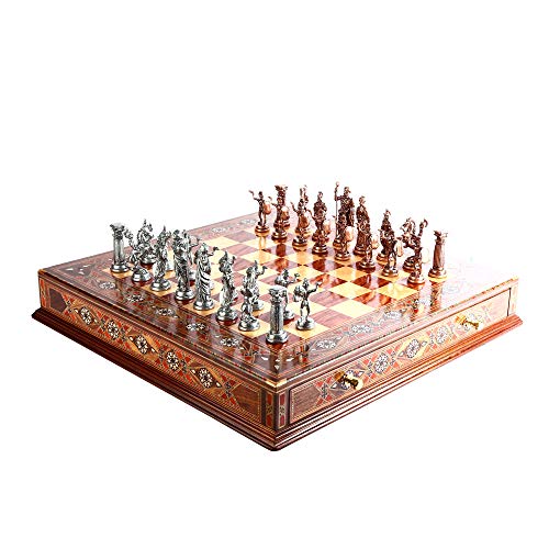 Juego de ajedrez de metal para adultos históricos de cobre antiguo figuras de Roma piezas hechas a mano y tablero de ajedrez de madera maciza natural con perla original alrededor del tablero