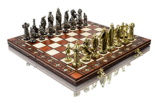 Juego de ajedrez Medieval Cromado Tablero de ajedrez de Madera de 16 "con Adornos y Piezas de plástico Cromado lastradas ... (Oro Medieval)