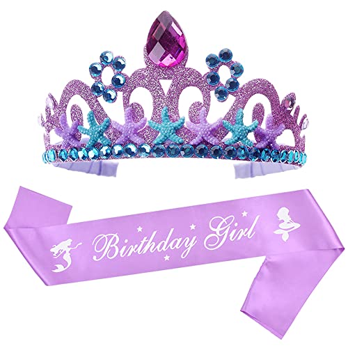 Juego de Corona de Sirena Con Tiara de Cumpleaños Púrpura. Princesa Cristal Cumpleaños Tiara Princesa Tiara Accesorios Para el Cabello Corona Para Niñas
