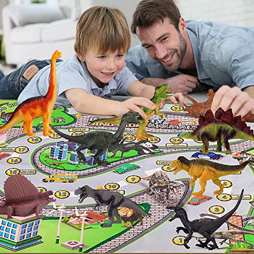Juego de juguetes de dinosaurio con alfombra de juego, seguro para crear un mundo jurásico para niños y niñas de 2 a 7 años (figura de dinosaurios con alfombra de juego)