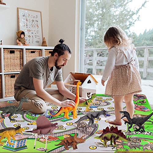 Juego de juguetes de dinosaurio con alfombra de juego, seguro para crear un mundo jurásico para niños y niñas de 2 a 7 años (figura de dinosaurios con alfombra de juego)