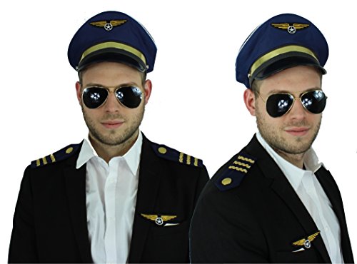 Juego de piloto capitán carnaval para hombre disfraz con rayas en los hombros, gorra de piloto, gorra de piloto, insignia para disfraz de piloto