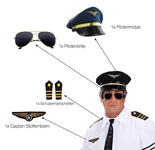 Juego de piloto capitán carnaval para hombre disfraz con rayas en los hombros, gorra de piloto, gorra de piloto, insignia para disfraz de piloto
