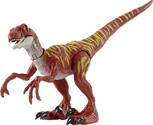 Jurassic World Dinosaurio Ataque Salvaje Velociraptor rayado, figura de juguete con movimientos para niños +4 años (Mattel HBX31)
