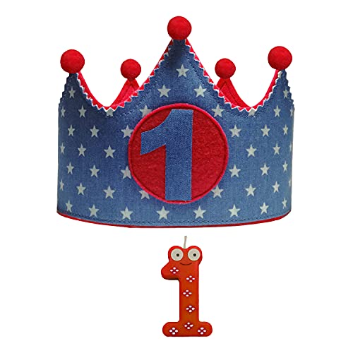 Kembilove Corona Primer Cumpleaños con Vela – Corona de Cumpleaños para Niña – Regalos Originales Cumpleaños – Ideal para Fotos y Fiestas de Cumpleaños Modelo Estrellas vaquero - rojo