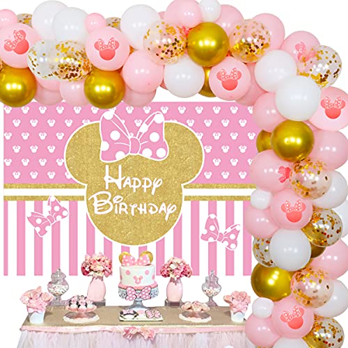 Kit Arco de Guirnalda Globos con Temática de Minnie, Rosa Dorado Manteles de Minnie para Decoraciones Fiesta de Cumpleaños de Niñas