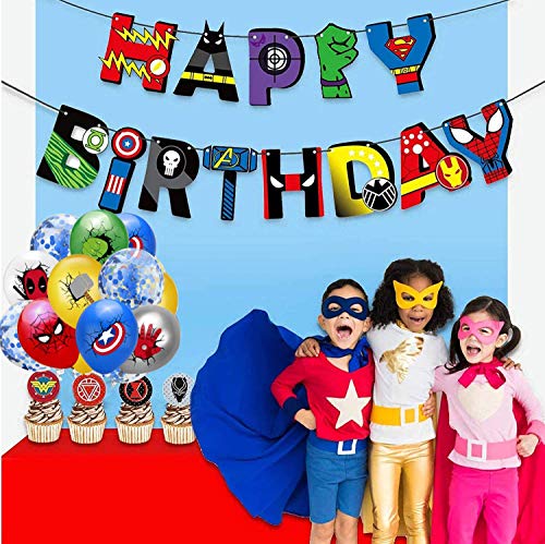 Kit de Decoraciones de Cumpleaños de Superhéroes Globos de Superhéroe Globos de Látex deSuperhéroes Cupcake Toppers Pancarta de Fiesta de Superhéroes Suministros de Fiesta Temáticos de Superhéroes